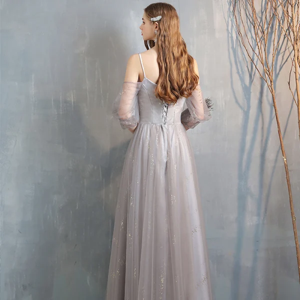 Affordable Grey Bridesmaid Dresses 2020 A-Line / Princess Backless Sequins Floor-Length / Long Ruffle