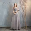 Affordable Grey Bridesmaid Dresses 2020 A-Line / Princess Backless Sequins Floor-Length / Long Ruffle