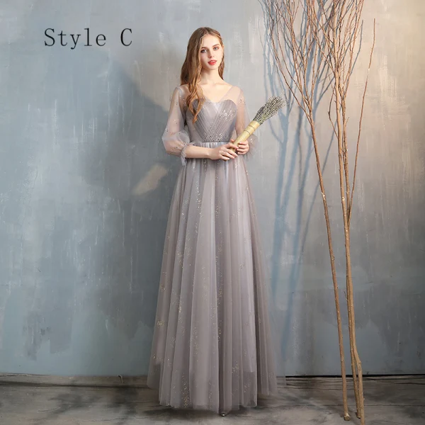 Affordable Grey Bridesmaid Dresses 2020 A-Line / Princess Backless Sequins Floor-Length / Long Ruffle