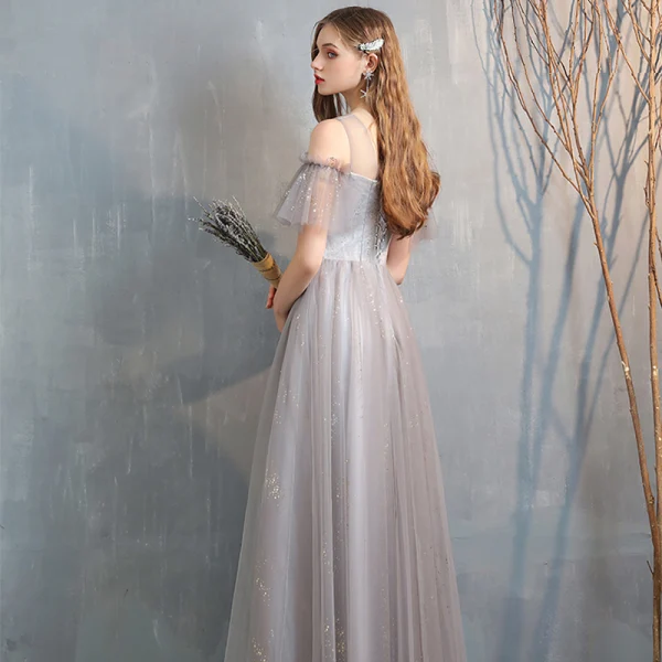 Affordable Grey Bridesmaid Dresses 2020 A-Line / Princess Backless Sequins Floor-Length / Long Ruffle