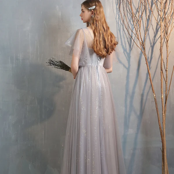 Affordable Grey Bridesmaid Dresses 2020 A-Line / Princess Backless Sequins Floor-Length / Long Ruffle