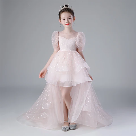 Victorian Style Blushing Pink Birthday Flower Girl Dresses 2020 Ball Gown See-through Scoop Neck Puffy 1/2 Sleeves Spotted Tulle Asymmetrical