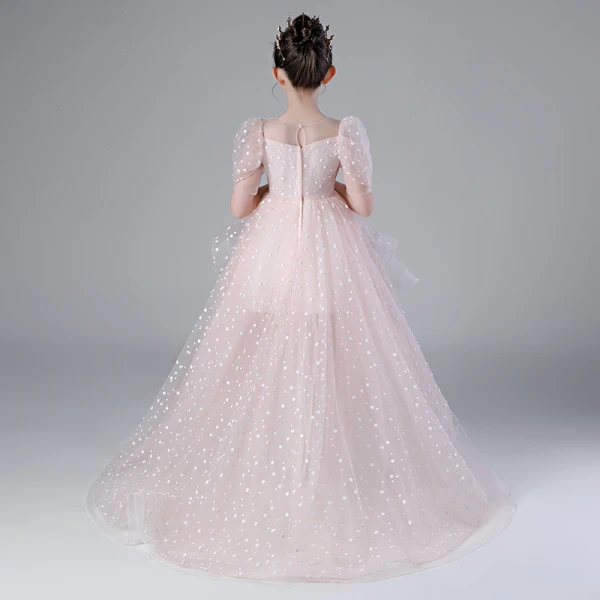 Victorian Style Blushing Pink Birthday Flower Girl Dresses 2020 Ball Gown See-through Scoop Neck Puffy 1/2 Sleeves Spotted Tulle Asymmetrical