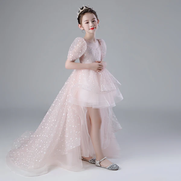 Victorian Style Blushing Pink Birthday Flower Girl Dresses 2020 Ball Gown See-through Scoop Neck Puffy 1/2 Sleeves Spotted Tulle Asymmetrical
