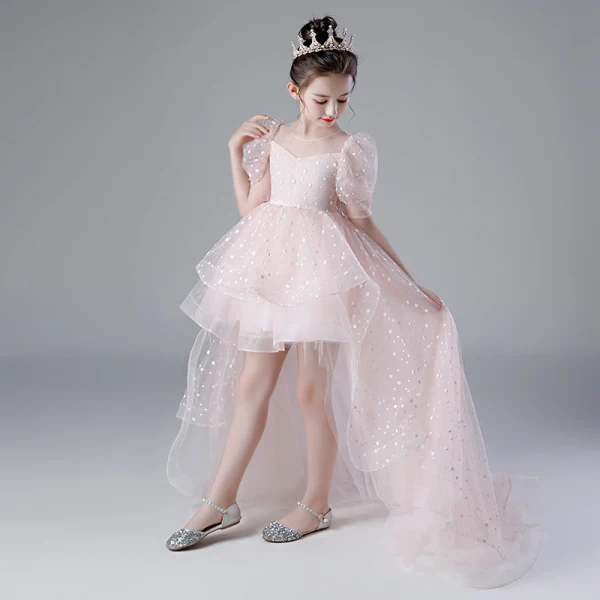 Victorian Style Blushing Pink Birthday Flower Girl Dresses 2020 Ball Gown See-through Scoop Neck Puffy 1/2 Sleeves Spotted Tulle Asymmetrical