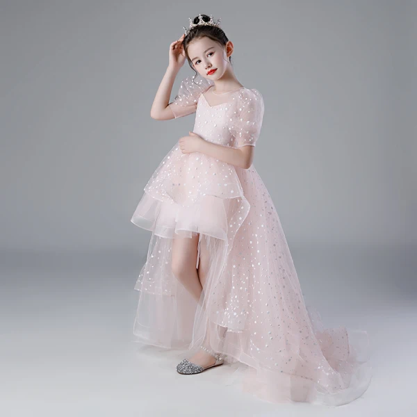 Victorian Style Blushing Pink Birthday Flower Girl Dresses 2020 Ball Gown See-through Scoop Neck Puffy 1/2 Sleeves Spotted Tulle Asymmetrical