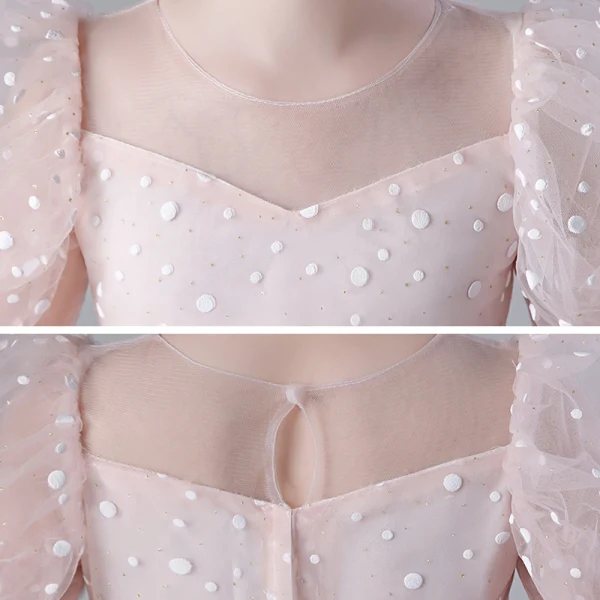 Victorian Style Blushing Pink Birthday Flower Girl Dresses 2020 Ball Gown See-through Scoop Neck Puffy 1/2 Sleeves Spotted Tulle Asymmetrical