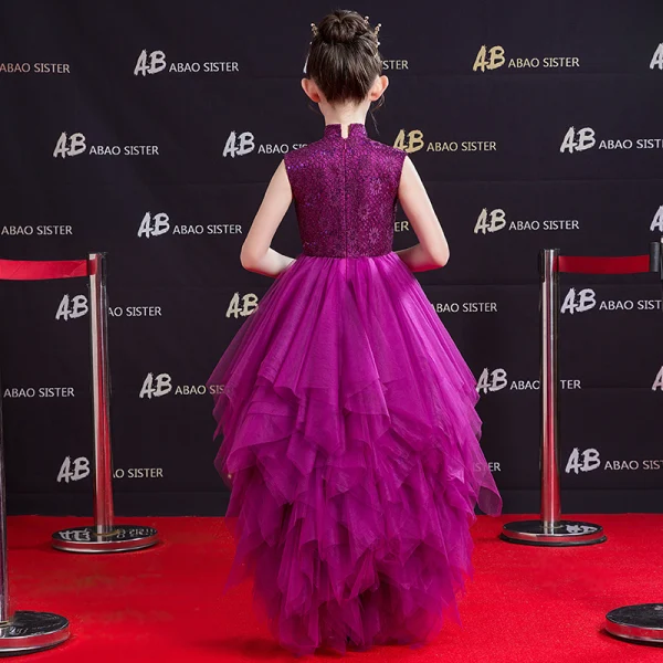 Vintage / Retro Grape Birthday Flower Girl Dresses 2020 A-Line / Princess High Neck Sleeveless Sequins Asymmetrical Cascading Ruffles