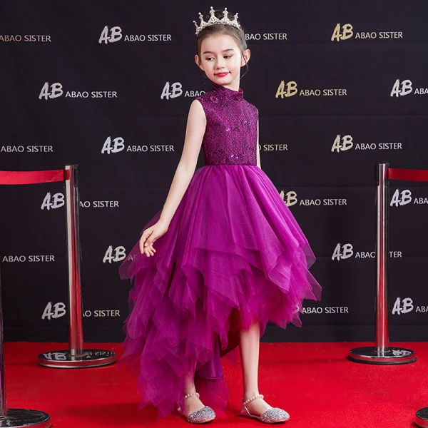Vintage / Retro Grape Birthday Flower Girl Dresses 2020 A-Line / Princess High Neck Sleeveless Sequins Asymmetrical Cascading Ruffles