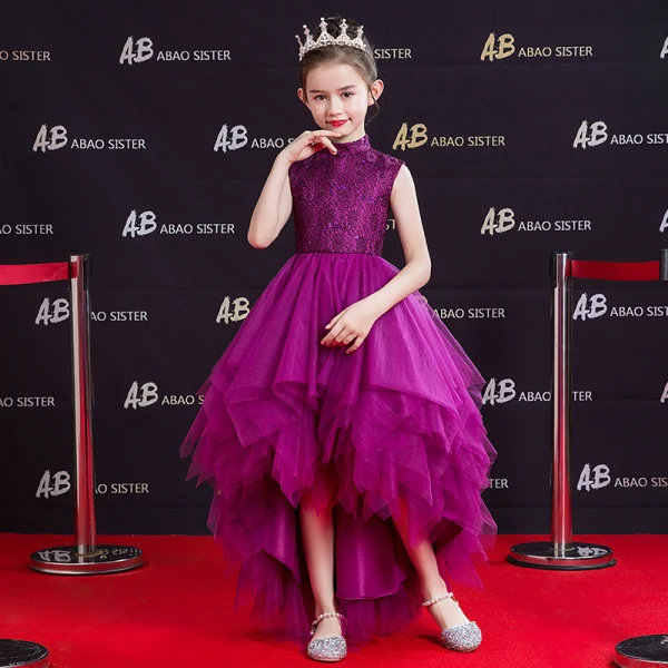Vintage / Retro Grape Birthday Flower Girl Dresses 2020 A-Line / Princess High Neck Sleeveless Sequins Asymmetrical Cascading Ruffles