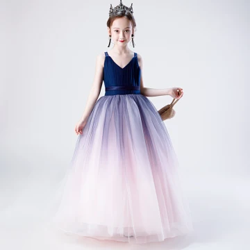 Mode Bleu Marine Dégradé De Couleur Rougissant Rose Anniversaire Robe Ceremonie Fille 2020 Princesse Épaules V Cou Sans Manches Dos Nu Ceinture Longue Volants