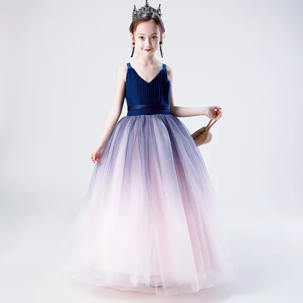 Fashion Navy Blue Gradient-Color Blushing Pink Birthday Flower Girl Dresses 2020 A-Line / Princess Shoulders V-Neck Sleeveless Backless Sash Floor-Length / Long Ruffle