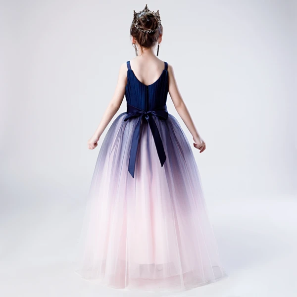 Fashion Navy Blue Gradient-Color Blushing Pink Birthday Flower Girl Dresses 2020 A-Line / Princess Shoulders V-Neck Sleeveless Backless Sash Floor-Length / Long Ruffle