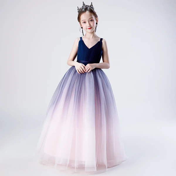 Fashion Navy Blue Gradient-Color Blushing Pink Birthday Flower Girl Dresses 2020 A-Line / Princess Shoulders V-Neck Sleeveless Backless Sash Floor-Length / Long Ruffle