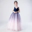 Fashion Navy Blue Gradient-Color Blushing Pink Birthday Flower Girl Dresses 2020 A-Line / Princess Shoulders V-Neck Sleeveless Backless Sash Floor-Length / Long Ruffle