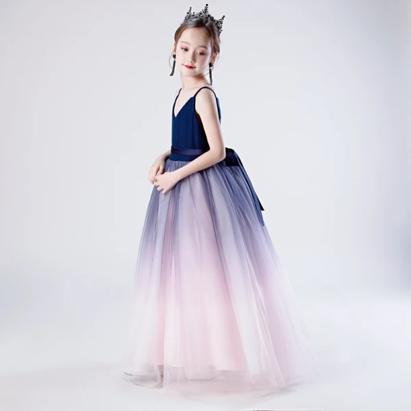 Fashion Navy Blue Gradient-Color Blushing Pink Birthday Flower Girl Dresses 2020 A-Line / Princess Shoulders V-Neck Sleeveless Backless Sash Floor-Length / Long Ruffle
