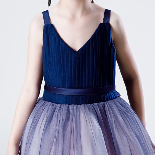 Fashion Navy Blue Gradient-Color Blushing Pink Birthday Flower Girl Dresses 2020 A-Line / Princess Shoulders V-Neck Sleeveless Backless Sash Floor-Length / Long Ruffle