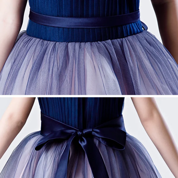 Fashion Navy Blue Gradient-Color Blushing Pink Birthday Flower Girl Dresses 2020 A-Line / Princess Shoulders V-Neck Sleeveless Backless Sash Floor-Length / Long Ruffle