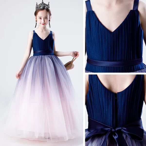 Fashion Navy Blue Gradient-Color Blushing Pink Birthday Flower Girl Dresses 2020 A-Line / Princess Shoulders V-Neck Sleeveless Backless Sash Floor-Length / Long Ruffle