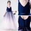 Fashion Navy Blue Gradient-Color Blushing Pink Birthday Flower Girl Dresses 2020 A-Line / Princess Shoulders V-Neck Sleeveless Backless Sash Floor-Length / Long Ruffle