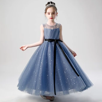 Chic Belle Bleu D Encre Anniversaire Robe Ceremonie Fille 2020 Princesse Encolure Dégagée Sans Manches Perlage Étoile Paillettes Ceinture Longue Volants