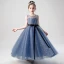 Chic / Beautiful Ink Blue Birthday Flower Girl Dresses 2020 A-Line / Princess Scoop Neck Sleeveless Beading Star Sequins Sash Floor-Length / Long Ruffle