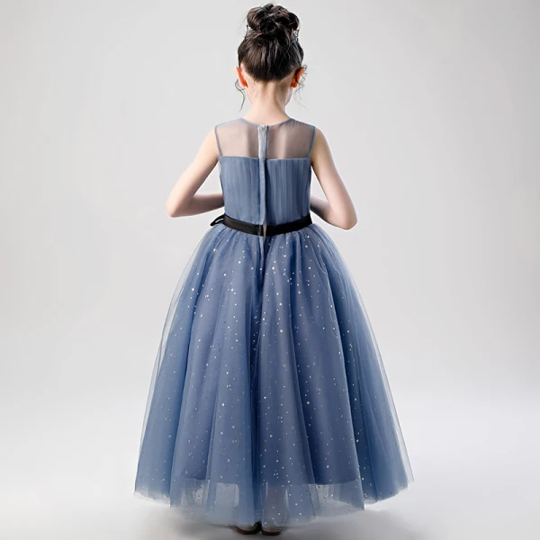Chic / Beautiful Ink Blue Birthday Flower Girl Dresses 2020 A-Line / Princess Scoop Neck Sleeveless Beading Star Sequins Sash Floor-Length / Long Ruffle