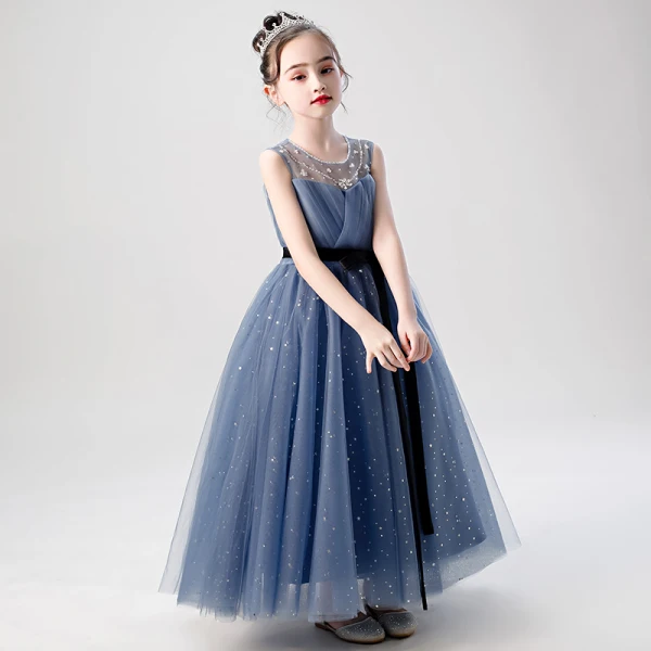 Chic / Beautiful Ink Blue Birthday Flower Girl Dresses 2020 A-Line / Princess Scoop Neck Sleeveless Beading Star Sequins Sash Floor-Length / Long Ruffle