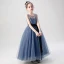 Chic / Beautiful Ink Blue Birthday Flower Girl Dresses 2020 A-Line / Princess Scoop Neck Sleeveless Beading Star Sequins Sash Floor-Length / Long Ruffle
