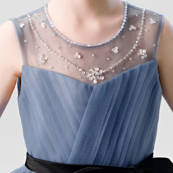 Chic / Beautiful Ink Blue Birthday Flower Girl Dresses 2020 A-Line / Princess Scoop Neck Sleeveless Beading Star Sequins Sash Floor-Length / Long Ruffle