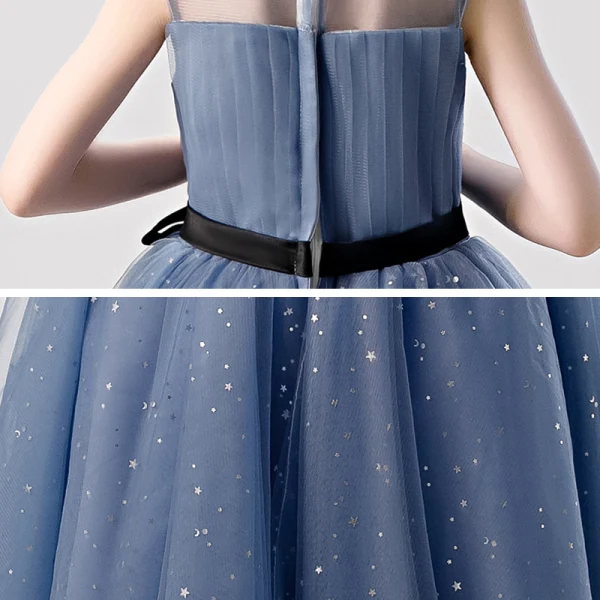 Chic / Beautiful Ink Blue Birthday Flower Girl Dresses 2020 A-Line / Princess Scoop Neck Sleeveless Beading Star Sequins Sash Floor-Length / Long Ruffle