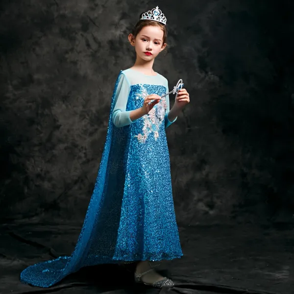 Frozen Costume Pool Blue Birthday Flower Girl Dresses With Shawl 2020 Sheath / Fit See-through Scoop Neck 3/4 Sleeve Appliques Lace Beading Sequins Ankle Length