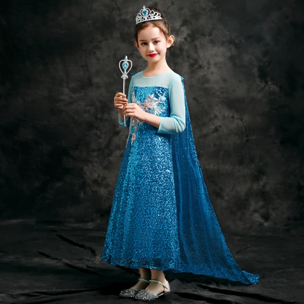 Frozen Costume Pool Blue Birthday Flower Girl Dresses With Shawl 2020 Sheath / Fit See-through Scoop Neck 3/4 Sleeve Appliques Lace Beading Sequins Ankle Length