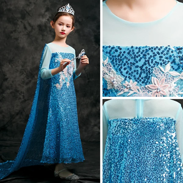 Frozen Costume Pool Blue Birthday Flower Girl Dresses With Shawl 2020 Sheath / Fit See-through Scoop Neck 3/4 Sleeve Appliques Lace Beading Sequins Ankle Length
