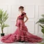Étourdissant Rouge Anniversaire Robe Ceremonie Fille 2020 Princesse Une épaule Sans Manches Dos Nu Appliques Fleur Perlage Plumes Tribunal Train Volants
