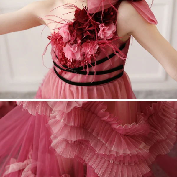 Étourdissant Rouge Anniversaire Robe Ceremonie Fille 2020 Princesse Une épaule Sans Manches Dos Nu Appliques Fleur Perlage Plumes Tribunal Train Volants