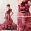Étourdissant Rouge Anniversaire Robe Ceremonie Fille 2020 Princesse Une épaule Sans Manches Dos Nu Appliques Fleur Perlage Plumes Tribunal Train Volants