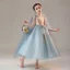 Chic / Beautiful Ocean Blue Birthday Flower Girl Dresses 2020 Ball Gown V-Neck Sleeveless Appliques Lace Beading Tea-length Ruffle