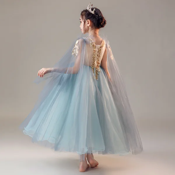 Chic / Beautiful Ocean Blue Birthday Flower Girl Dresses 2020 Ball Gown V-Neck Sleeveless Appliques Lace Beading Tea-length Ruffle