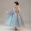 Chic / Beautiful Ocean Blue Birthday Flower Girl Dresses 2020 Ball Gown V-Neck Sleeveless Appliques Lace Beading Tea-length Ruffle
