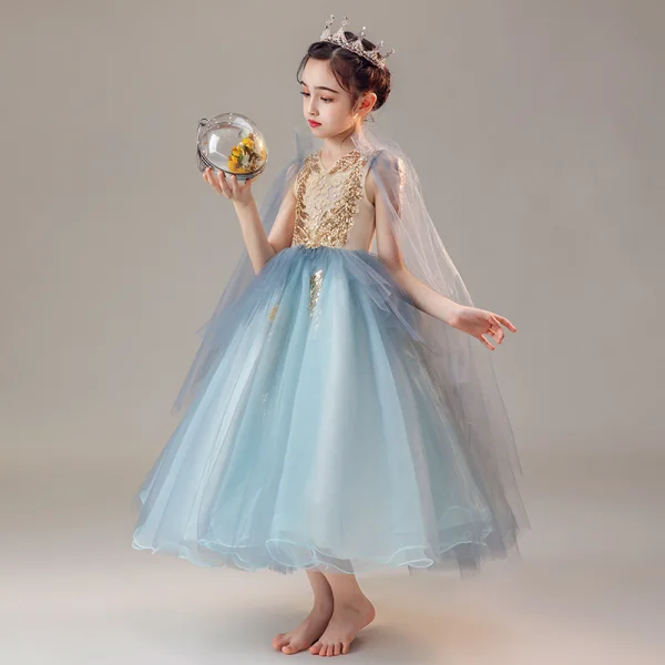 Chic / Beautiful Ocean Blue Birthday Flower Girl Dresses 2020 Ball Gown V-Neck Sleeveless Appliques Lace Beading Tea-length Ruffle