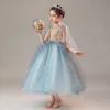Chic / Beautiful Ocean Blue Birthday Flower Girl Dresses 2020 Ball Gown V-Neck Sleeveless Appliques Lace Beading Tea-length Ruffle