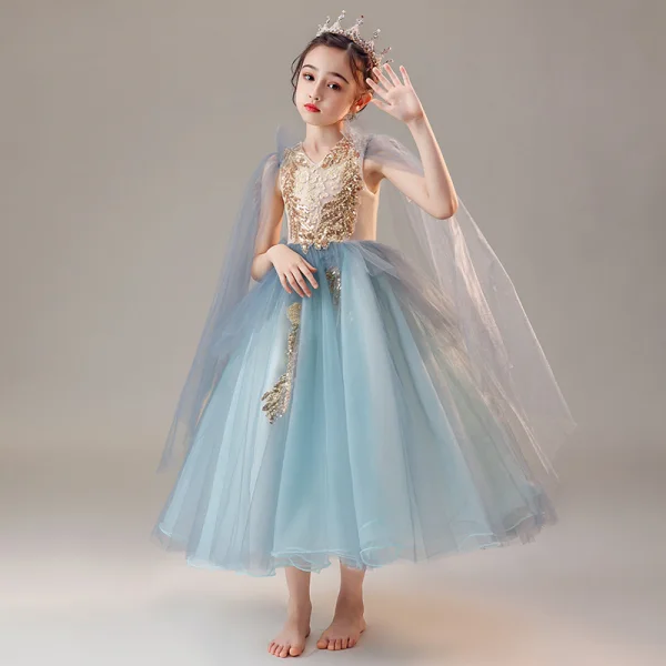 Chic / Beautiful Ocean Blue Birthday Flower Girl Dresses 2020 Ball Gown V-Neck Sleeveless Appliques Lace Beading Tea-length Ruffle