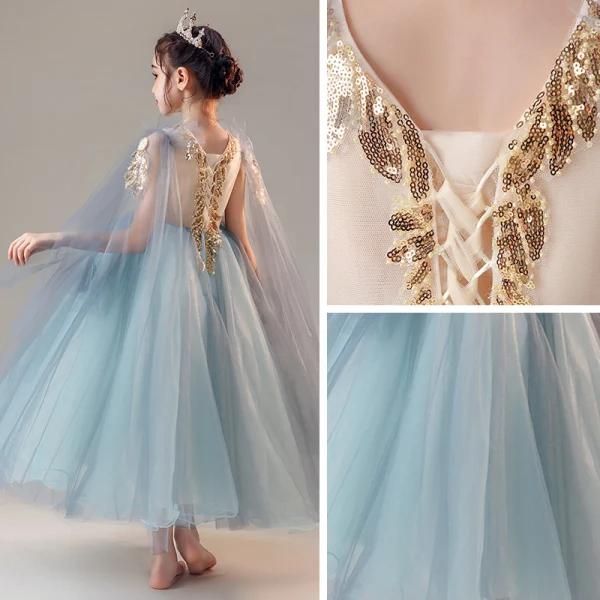 Chic / Beautiful Ocean Blue Birthday Flower Girl Dresses 2020 Ball Gown V-Neck Sleeveless Appliques Lace Beading Tea-length Ruffle