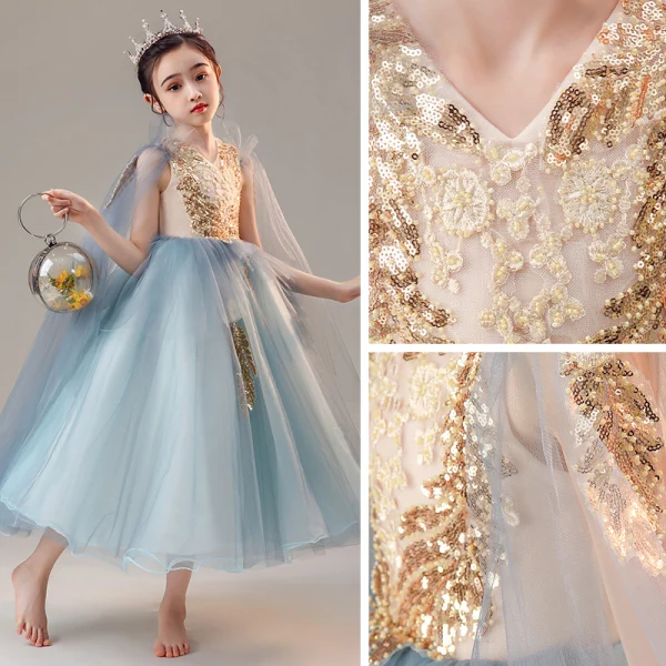Chic / Beautiful Ocean Blue Birthday Flower Girl Dresses 2020 Ball Gown V-Neck Sleeveless Appliques Lace Beading Tea-length Ruffle