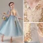 Chic / Beautiful Ocean Blue Birthday Flower Girl Dresses 2020 Ball Gown V-Neck Sleeveless Appliques Lace Beading Tea-length Ruffle