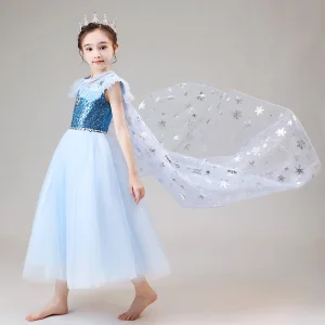 Frozen Movie Kostuum Hemelsblauw Bloemenmeisjes Jurken Met Sjaal 2020 Baljurk Doorzichtige Ronde Hals Mouwloos Pailletten Rhinestone Enkellange Ruche