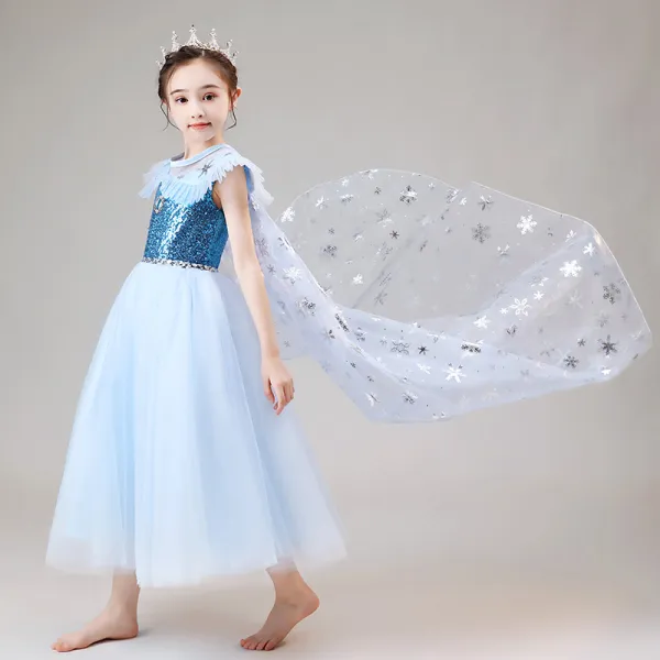 Frozen Costume Sky Blue Flower Girl Dresses With Shawl 2020 Ball Gown See-through Scoop Neck Sleeveless Sequins Rhinestone Ankle Length Ruffle
