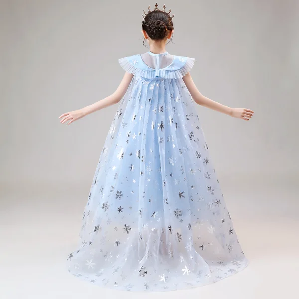 costume de film Frozen Bleu Ciel Robe Ceremonie Fille Avec Châle 2020 Robe Boule Transparentes Encolure Dégagée Sans Manches Paillettes Faux Diamant Longueur Cheville Volants