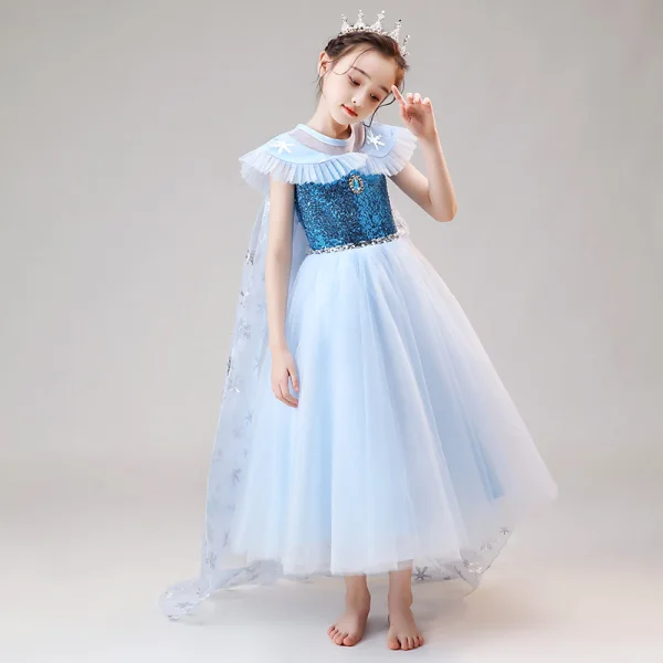 costume de film Frozen Bleu Ciel Robe Ceremonie Fille Avec Châle 2020 Robe Boule Transparentes Encolure Dégagée Sans Manches Paillettes Faux Diamant Longueur Cheville Volants